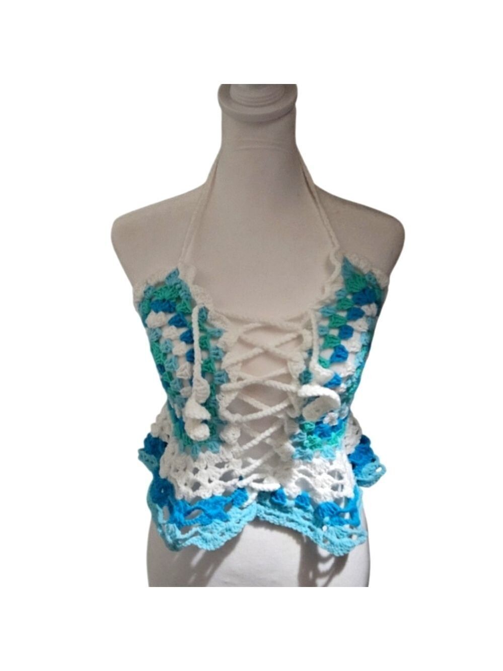 Handmade Granny Square Crochet Halter Top Mermaidcore Boho Criss-cross Icy Blue